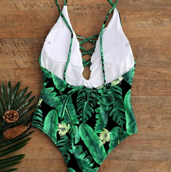 Nwt Palm Print Backless Plunge Padded One Piece - Picture 4 of 11